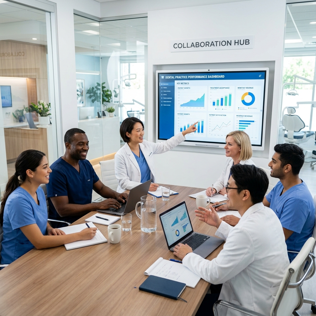 Dental team reviewing performance